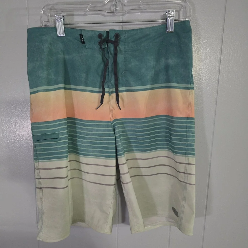 O'Neill Board Shorts Mens 30 Teal Orange Striped Good Stretch Swim‎ Trunks